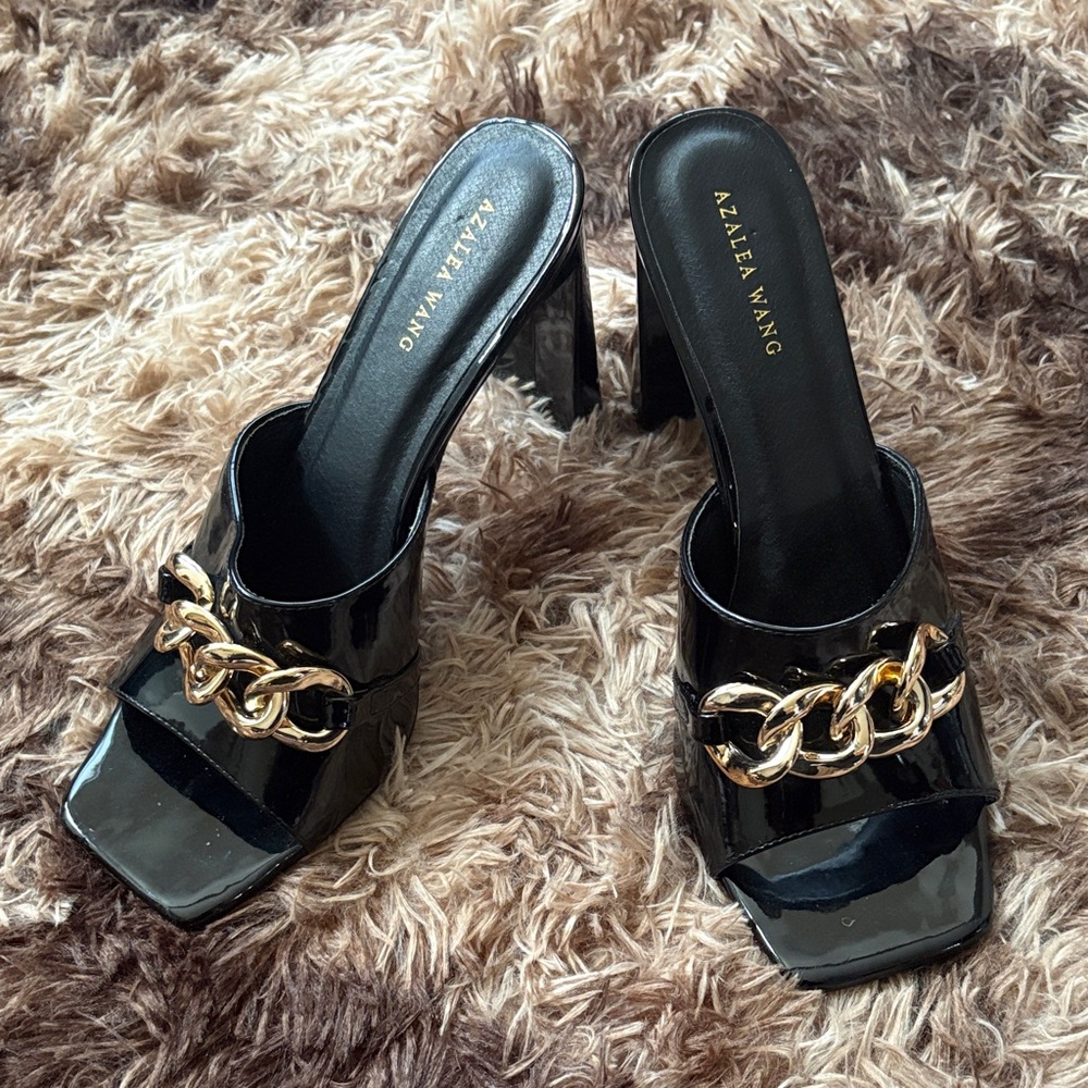 Black Heeled Mules with Gold Chain